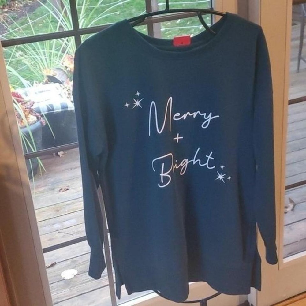 Ellen Tracy Womens Merry + Bright Graphic Sweatshirt Teal Green Size M NWT